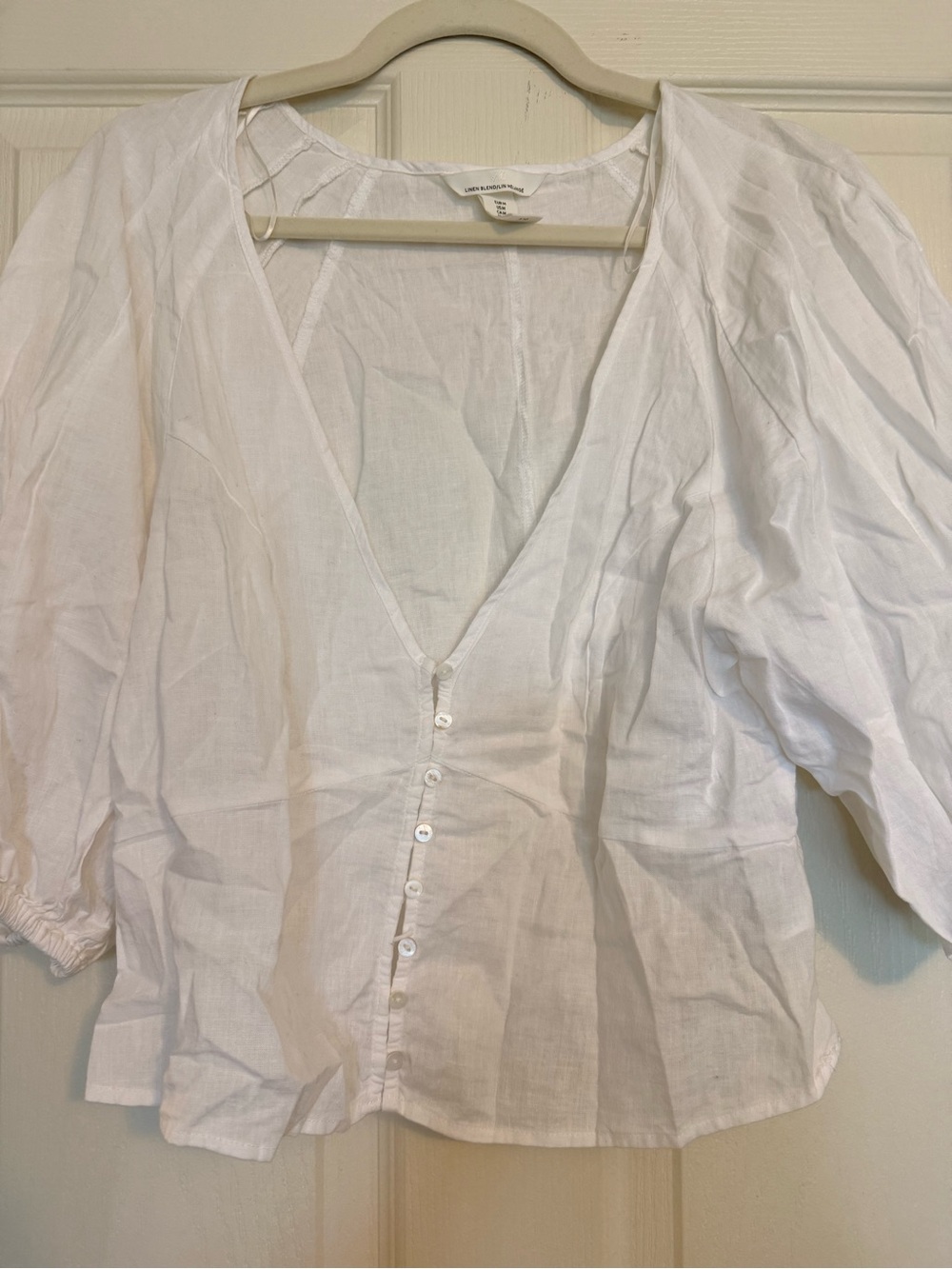 White V-Neck Button-Front Linen Blouse